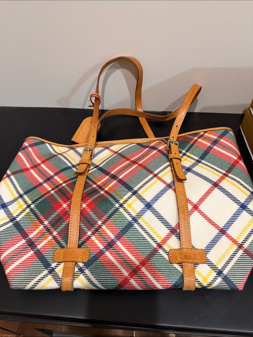 Tartan Plaid Tote with Tan Leather Straps